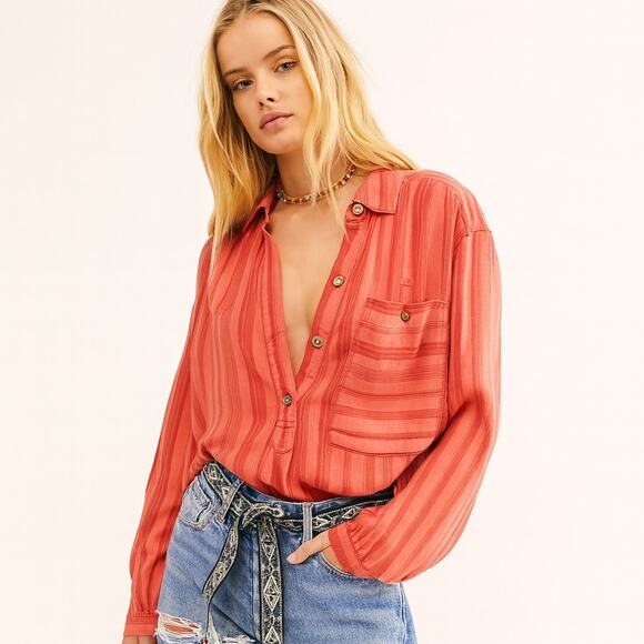 We The Free Tops - WE THE FREE Free People Striped Linen Blend Henley Pullover Top XS Coral Red